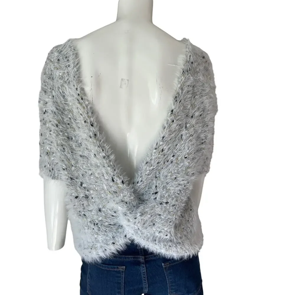 ROFFE Reversible Eyelash Knit Plunge V Neck Short Sleeve Fuzzy Gray Sweater L